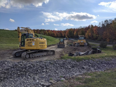 excavator, bulldozer and skidsteer loader working to prepare way for the pipe installation